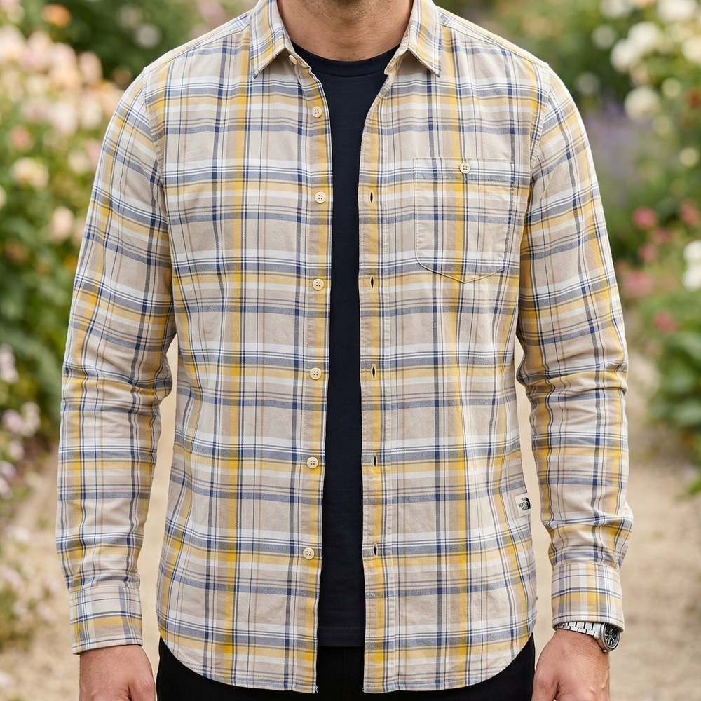 The North Face Mens Plaid Button Down Shirt Tan Yellow Long Sleeve Outdoors